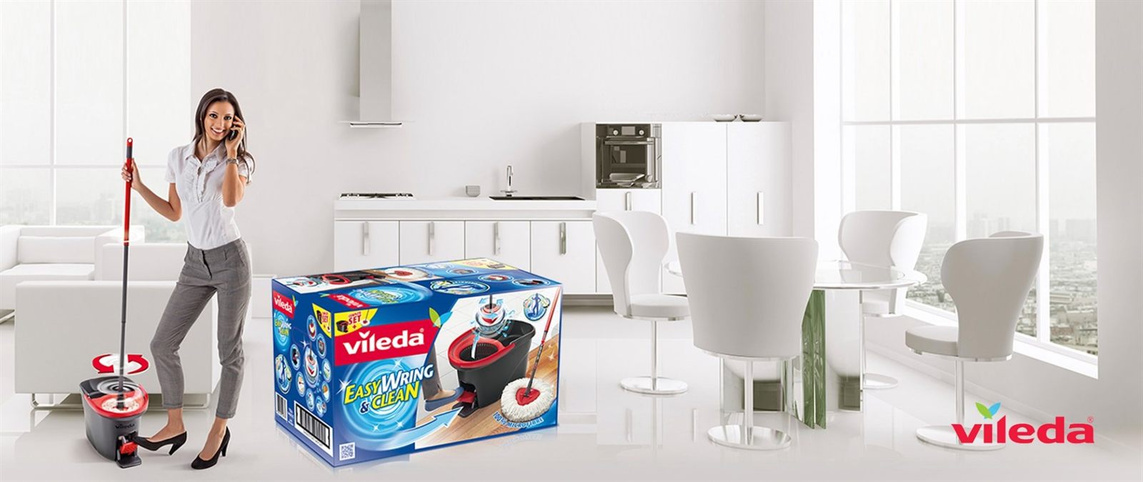 Vileda cleaning products in a bright home setting